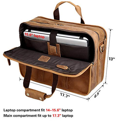Polare Modern Messenger Bag with Retro Feel 17" Men’s Laptop Briefcase with Full Grain Leather and Premium YKK Zippers - color: Light Brown(fit 15.6" Laptop)