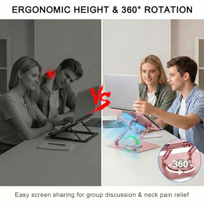 Laptop Stand with Cooling Fan, 360° Rotating Base Aluminum Laptop Riser, Foldable Ergonomic Computer Stand for Desk, Height Adjustable Notebook & All Laptops Up to 17.3" (Pink) - color: Pink