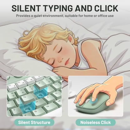 Wireless Keyboard and Mouse Combo Silent Ergonomic Curved Design for Office - color: Avocado green-A