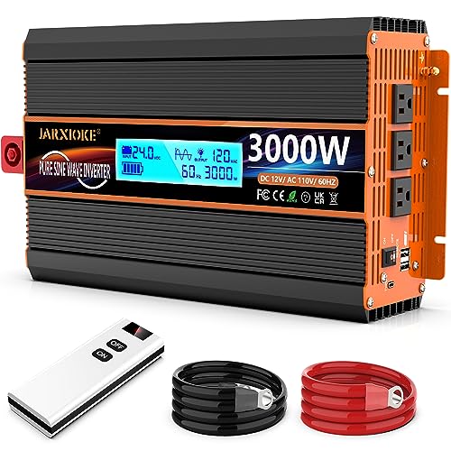 3000 Watt Pure Sine Wave Power Inverter 24V DC to 110V 120V Converter for Family RV Off Grid Solar System Car with Type-C Ports 4 AC Power Outlets Dual USB Ports LCD Display Wireless Remote Control - size: 24V-3000W