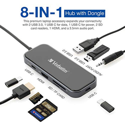 Verbatim 8-in-1 USB C Hub w/Dongle for Laptop - 100W PD, 2 USB 3.0 Ports, 2 USB-C Ports, SD Card Readers, HDMI, 3.5mm Audio