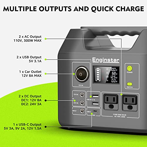 EnginStar Portable Power Station, 300W 296Wh Battery Bank with 110V Pure Sine Wave, 60W Foldable Solar Panel with 18V DC Outlet for Portable Power Stations