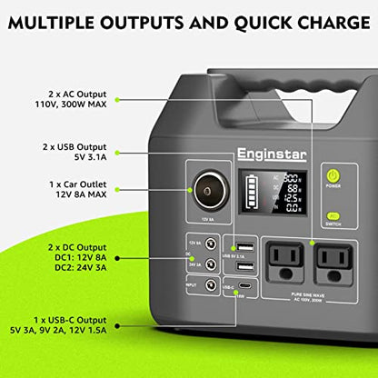 EnginStar Portable Power Station, 300W 296Wh Battery Bank with 110V Pure Sine Wave, 60W Foldable Solar Panel with 18V DC Outlet for Portable Power Stations