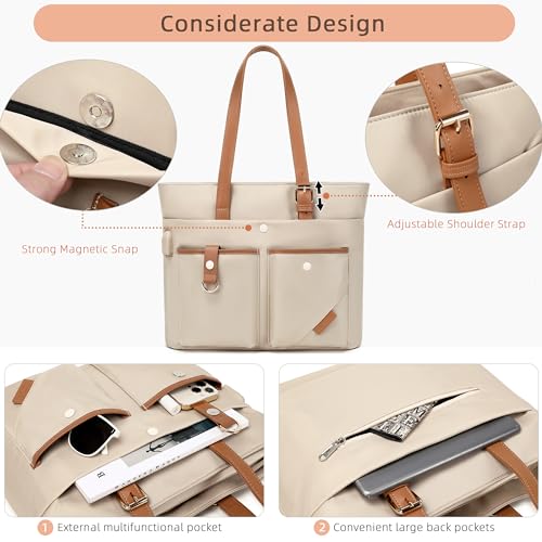 Laptop Bag for Women 15.6 Inch Work Tote Briefcase with USB Nylon Shoulder Handbag for Office Travel Business - color: Khaki