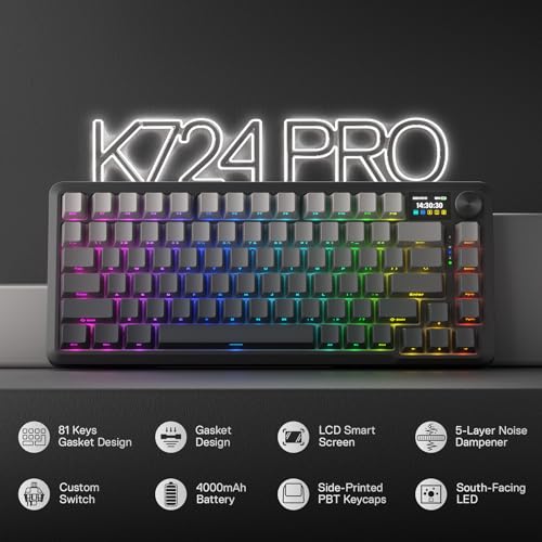 Redragon K724 PRO Wireless 81-Key Gasket Gaming Keyboard, TFT Screen & Knob | Easy-Control LED Info Display, 0-Delay Tri-Mode, Cushioned 5-Layer Noise Dampening for Creamy Thocky Sound, Compact 80% Size - color: Concrete Jungle, size: 81 Keys + LCD Screen