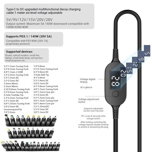 100W PD Power Charger USB-C to DC Adjustable PD Cable with Digital Display, 40 Inches, Black, Multiple Voltage Settings, Male to Male DC 5V 9V 12V 15V 20V Adapter Cable (Default +34-in-1 DC Tip) - style: Default +34-in-1 DC Tip