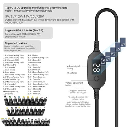 100W PD Power Charger USB-C to DC Adjustable PD Cable with Digital Display, 40 Inches, Black, Multiple Voltage Settings, Male to Male DC 5V 9V 12V 15V 20V Adapter Cable (Default +34-in-1 DC Tip) - style: Default +34-in-1 DC Tip