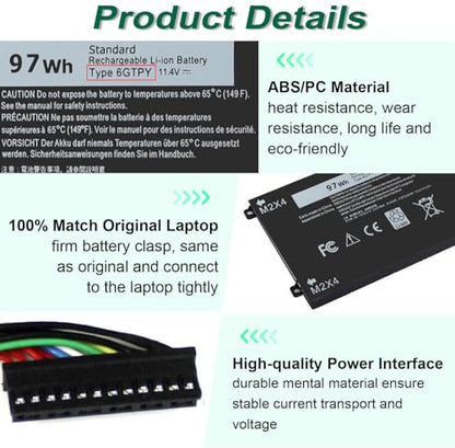 97Wh 6GTPY Battery for Dell XPS 15 9560 9570 9550 7590 Precision 5510 5520 | 5530 5540 Vostro 7500 7590 Series 4GVGH GPM03 1P6KD 5XJ28 M2X4 P56F P56F001 11.4V - size: 13*2.8*0.5inch 6GTPY