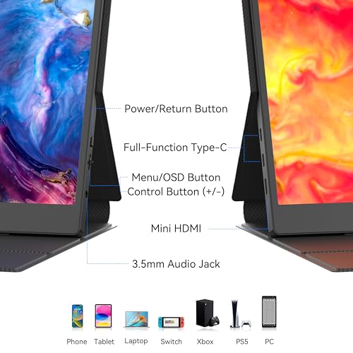 BENFEI Portable Monitor 15.6'', FHD 1080P HDMI USB-C Gaming Display, Ultra-Slim IPS HDR Screen w/Smart Cover & Speakers, Plug & Play External Monitor for Laptop PC Phones Tablet PS5/4 Xbox Switch