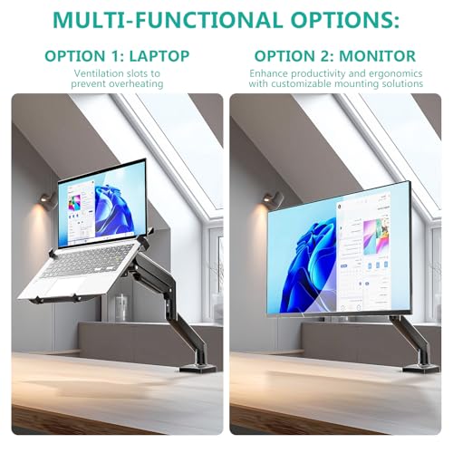 WALI Laptop Desk Mount, Single Monitor Arm with Laptop Holder, Adjustable Height Laptop Arm Mount for Desk, Fits 17” Notebook and 34” Monitors, Up to 22-26.4Lbs (GSMP001LPN), Black - size: Width 16.5", Fully Adjustable Desk Mount
