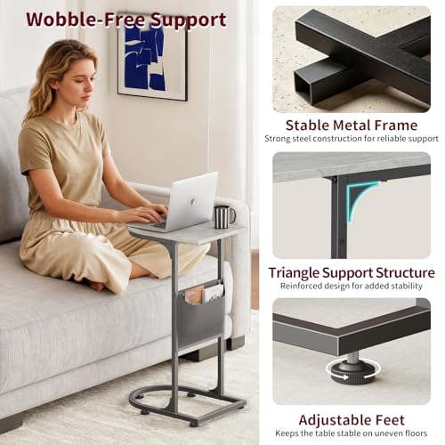 C Shaped End Table, Small Side Table for Couch, C Table that Slides Under Sofa with Storage Bag, TV Tray Table for Recliner, Living Room, Bedside, Bedroom, Small Spaces, Greige - color: Classic Greige