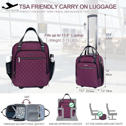 EMPSIGN Underseat Carry On Wheeled - 16" Carry on Bag with Wheels Multi-functional Lightweight Rolling Bag Overnight Weekender Small Suitcase for Women Men Travel Business, Burgundy - color: Burgundy