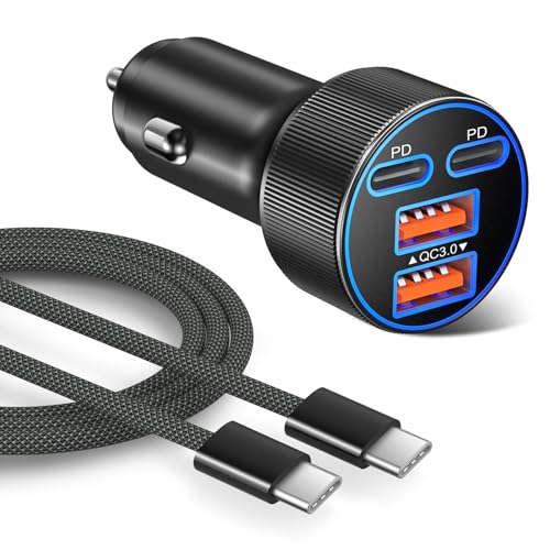 Super Fast Type C Car Charger, Besgoods Dual 45W USB C 4-Port Cigarette Lighter Adapter Compatible with Galaxy S26 S25 Ultra FE S24 S22 iPhone 17 16 15 Pro Max, with 6ft Braided USB C to C Cable - color: black charger + black cable, size: 1-Pack