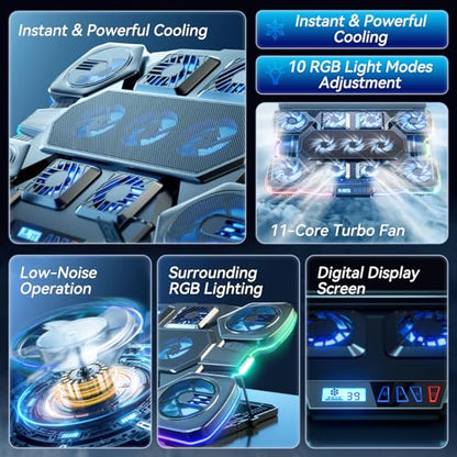 Gaming Laptop Cooling Pad - 11 High Speed Turbo Fans Ultra Quiet Laptop Cooler Stand with RGB Lights Digital Display Height Adjustable for 17 Inch Laptop