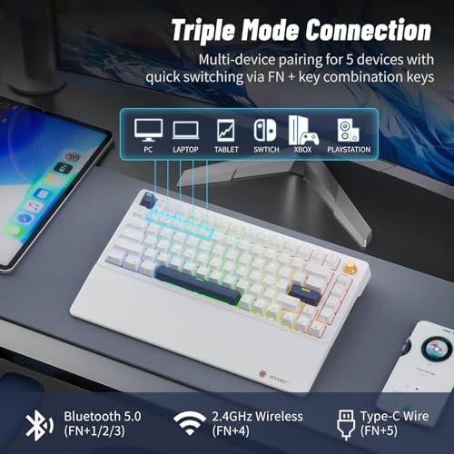 Wireless Mechanical Keyboard with Wrist Rest, Hot Swappable Custom Keyboard with Knob, RGB Backlit, Pre-lubed Clicky Switches, 2.4GHz/USB-C/BT5.0 Mechanical Gaming Keyboards for Win/Mac (White) - color: White-82keys, size: Clicky