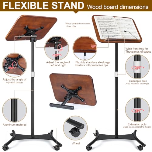 2 in 1 Dual-use Music Stand & Desktop Book Stand, Adjustable Height 16.5"-51", 100% Solid Wood Laptop Floor Stand Book Holder with Elastic Page Clips for Cookbooks (Black Walnut-Wheeled) - color: Black Walnut-wheeled