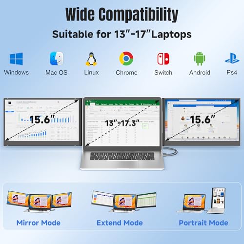 KEFEYA Laptop Screen Extender 15.6", FHD 1080P Portable Triple Monitor for Laptops 13-17.3", 0.16" Ultra-Thin Dual Laptop Monitor Extender for Windows/Mac/Dex/Chrome/Surface, Plug n Play - size: 15.6" Screen Extender
