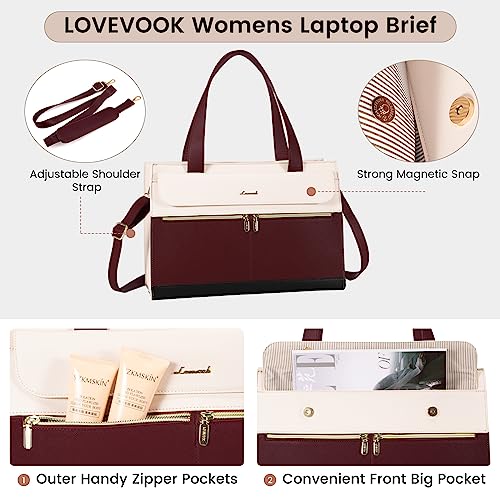 LOVEVOOK Laptop Tote - 15.6 Inch Professional Leather Computer Briefcase - Waterproof Shoulder Bag - Large Capacity Business Teacher Office Bag - Crossbody Purse - color: 168# Dark Red/Off-white, size: 15.6 Inch