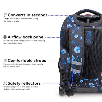 J World New York Sundance Rolling Backpack Girl Boy Roller Bookbag, Night Bloom, 20 X 13 X 9 (H X W X D), RBS-19 NIGHT BLOOM - color: Night Bloom
