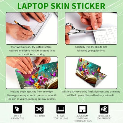 Laptop Skin Sticker Decal, Universal Protective Cover Fit 12 13 14 15.6 Inch Notebook, Reusable Water-Resistant Vinyl Decal w/ 2 Wrist Pads for Business Travel, Books Flowers Butterflies - color: Books Flowers Butterflies