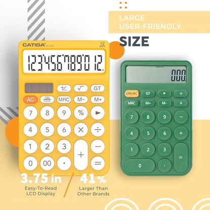 CATIGA 12 Digit Desktop Calculator Basic Desk Calculator with Large LCD Display, Big Buttons, 4 Function, Solar and Battery Dual Power, for Office, School, Home, SD-1292 Yellow - color: 9) Yellow