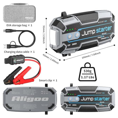 2000A Battery Jumper PD100W Fast Charging Portable Power Bank IP67 Waterproof Jump Box for Car,Exclusive Magnetic Hook, 4 Mode LED Flashlight,12V Portable Battery Booster for Cars Trucks SUV