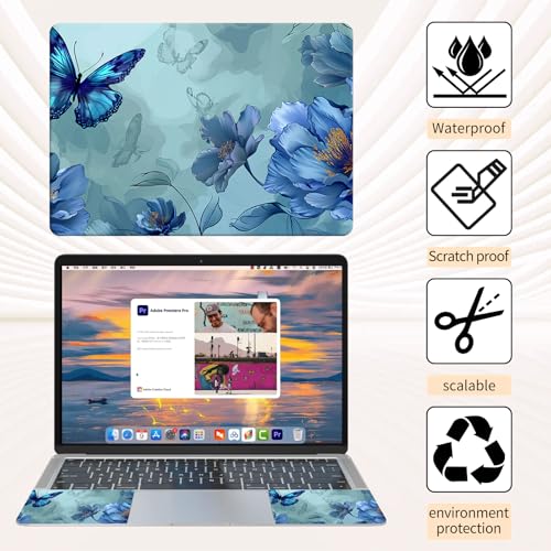 15.6 Inch Laptop Skin Sticker, Reusable Vinyl Cover Protector with 2 Wrist Pad Skins, Removable Waterproof Scratch-Resistant for 12-15.6 Inch Laptop Notebook,Blue Butterflies Flowers - color: Blue Butterflies Flowers