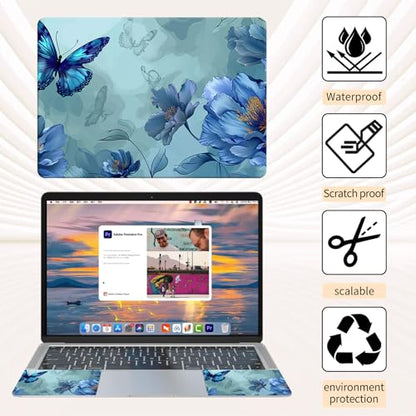 15.6 Inch Laptop Skin Sticker, Reusable Vinyl Cover Protector with 2 Wrist Pad Skins, Removable Waterproof Scratch-Resistant for 12-15.6 Inch Laptop Notebook,Blue Butterflies Flowers - color: Blue Butterflies Flowers
