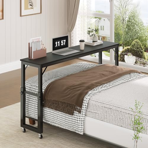 MAHANCRIS Overbed Table with Wheels, Mobile Bed Desk for Queen Size, 36"-43.5" Adjustable Height Rolling Table, Recliner Desk, Mobile Cross Bed for Bedroom, Living Room, Office, Black MTBK18001 - color: Black