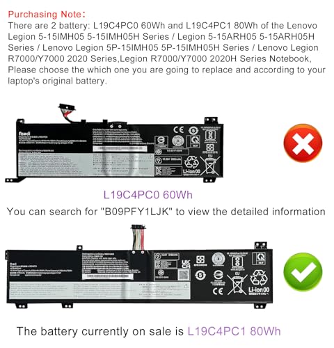 ASODI 80Wh L19C4PC1 L19M4PC1 Laptop Battery Compatible with Lenovo Legion 5P-15IMH05 Legion 5-15IMH05 5-15ARH05 Series SB10W86193 SB10W86198 5B10W86192 5B10W86188 5B10W86194 - size: 14.25*4.29*1.1 inches L19C4PC1