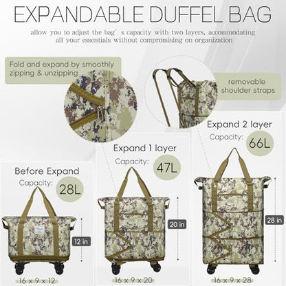 VOOWO Duffel Bag with Wheels - Rolling Foldable Expandable Duffle Bag with Wheels for Travel, Rolling Luggage Carry On Bag with Wheels, Large Rolling Backpack Weekend Bags for Men Women (Camouflage) - color: Camouflage