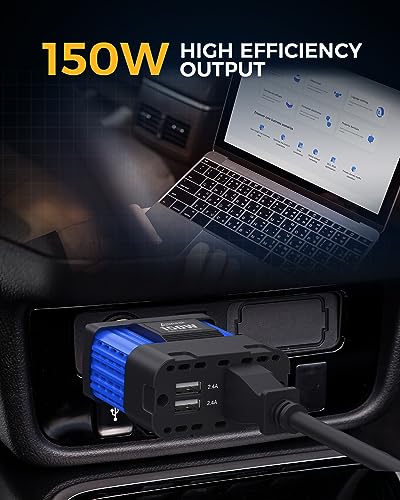 150W Car Power Inverter, 12V DC to 120V AC, Cigarette Lighter Plug | 300W Surge Peak, 1 AC Outlet, Dual USB 4.8A, 11 Protections, Compact for Laptop, Phone, Car, RV, Travel - color: 150W Blue