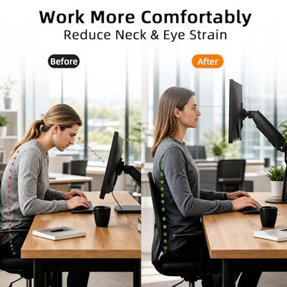 Single Monitor Mount for 17-32 Inch Screens, Gas Spring Monitor Arm Desk Mount with Full Motion Adjustment, Supports 4.4-19.8 lbs Monitors, VESA 75x75/100x100, C-Clamp & Grommet Base