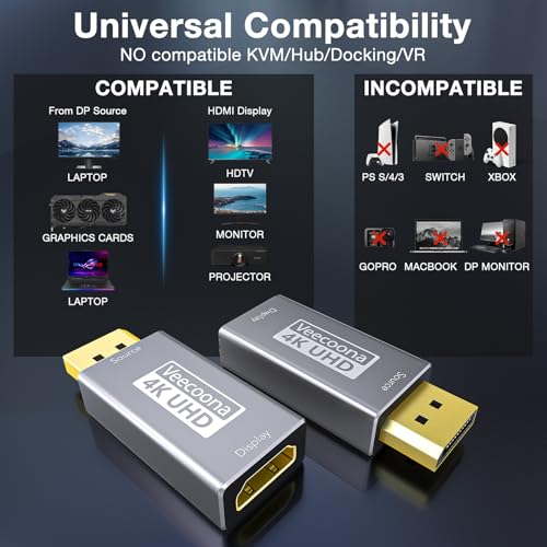 4K DisplayPort to HDMI Adapter 1-Pack Uni Directional DP Source to HDMI Display Converter, 4K@60Hz, 2K@120Hz, 1080P@120Hz, Male to Female, for Computer,Desktop,Labtop,PC,Monitor,HDTV - Gold Plated - color: Silver