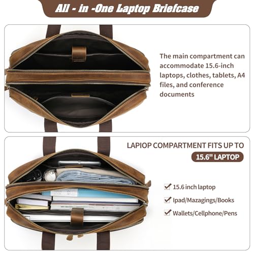 Jack&Chris Full Grain Leather Briefcase for Men, Business Messenger Bag Laptop Bag Attache Case, Fits 15.6 Inch Laptop - color: Brown New-15.6inch