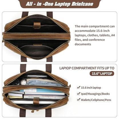 Jack&Chris Full Grain Leather Briefcase for Men, Business Messenger Bag Laptop Bag Attache Case, Fits 15.6 Inch Laptop - color: Brown New-15.6inch
