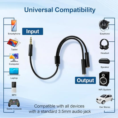 3.5mm Headphone Splitter, 1 Male to 2 Female, 11 in, Black | 24K Gold-Plated Connectors, Oxygen-Free Copper, Nylon Braided, Audio Output Only, No Mic or Inline Controls