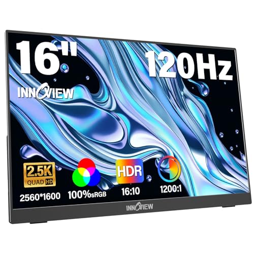 InnoView 16" Portable Monitor 120Hz 2.5K QHD 2160x1600 100% sRGB Laptop Screen Extender | 2 x Type-C & HDMI Portable Monitor for Macbook/Switch/PS5/Xbox(Adapter Excluded) - size: 16 inch
