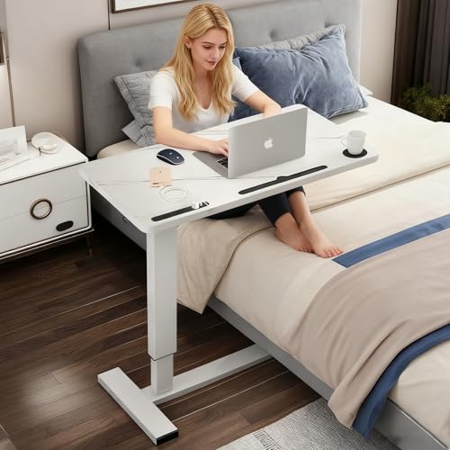 BeGyoku Overbed Table,Hospital Bed Table,Pneumatic Bed Tables Adjustable Over The Bed with Hidden Wheels&USB Port,Mobile Laptop Table Cart and Rolling Bedside Table with Tray Hospital Home Use-White - color: White-32" L X 16" W