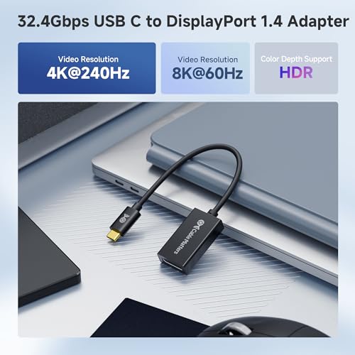 Cable Matters 32.4Gbps Unidirectional USB C to DisplayPort 1.4 Adapter | 8K@60Hz / 4K@240Hz, HDR, USB C to DP 1.4, Compatible with Thunderbolt 4/USB4, iPad Pro, iPhone, and MacBook