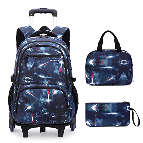 Mildame Galaxy Print Rolling Backpack for School Boys Girls with Lunch Bag Teens Bookbag with Wheels Kids Trolley Bag Set, Six Wheels - color: Blue Space Set-6 Wheels