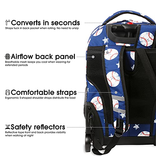 J World Sunrise Kids Rolling Backpack with Wheels for Girls Boys, Roller Bookbag for School, 18 x 13 x 9 Inches, Baseball - color: Baseball