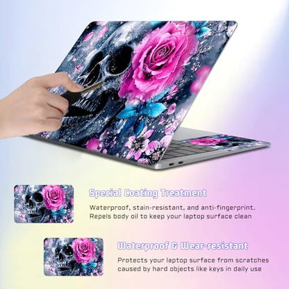 Universal Laptop Skin Sticker Decal, Compatible with MacBook HP Dell Lenovo 12"-15.6", Reusable Vinyl Notebook Cover 3PCS Set, High-Recognition Film-Pink Blue Flower Skull - color: Pink Blue Flower Skull