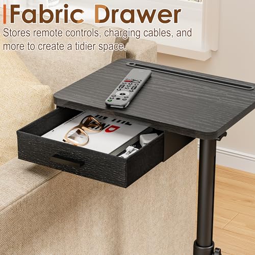TV Tray with Drawer & Device Slot, Swivel Height Adjustable bedside table, Sofa Side Table for Eating, C Shaped Couch Table for Living Room & Bedroom, Portable Snack End Table for Couch & Bed, Black