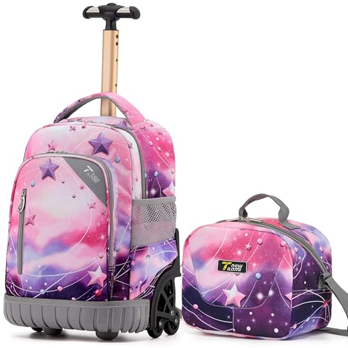 NEW TILAMI 16 Inch Rolling Backpack with Lunch Bag for Girls Boys School | 6-Wheel Stair-Climbing Girls Boys Carry-on Suitcase Water-Resistant Adjustable Trolley Handle Wheels School Travel Camping - color: Pink - Purple Galaxy