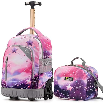 NEW TILAMI 16 Inch Rolling Backpack with Lunch Bag for Girls Boys School | 6-Wheel Stair-Climbing Girls Boys Carry-on Suitcase Water-Resistant Adjustable Trolley Handle Wheels School Travel Camping - color: Pink - Purple Galaxy