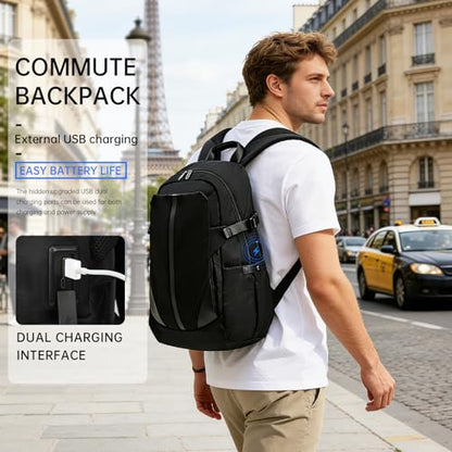 Laptop Backpack for Men, Business Backpack with USB Charging for 15.6 Inch Computer Bag, 30L Black Lightweight Anti-theft Water-Resistant Backpack, Suitable Business Work College Travel