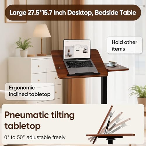 Adjustable Overbed Table with Wheels, Rolling Laptop Table for Bed & Sofa | Height Adjustable 26.38"-42.52" Hospital Bed Table with Tilt Tray for Laptop, Eating, Working, Reading & Home Office - color: Brown