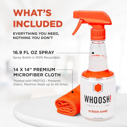 WHOOSH! Screen Shine Pro – Refillable TV Screen Cleaner & Cloth, 16.9 fl oz | Includes 14x14" Microfiber Cloth, For Flat Screens, OLED, LCD, Monitors, Streak Free Finish, Non Toxic & Odorless - size: 16.9 Fl Oz (Pack of 1)