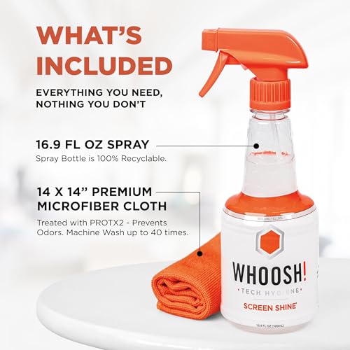 WHOOSH! Screen Shine Pro – Refillable Screen Cleaning Kit, 16.9 fl oz | Includes 14x14" Microfiber Cloth, For Smart TV, OLED, LCD, Monitors, Streak Free Finish, Non Toxic & Odorless